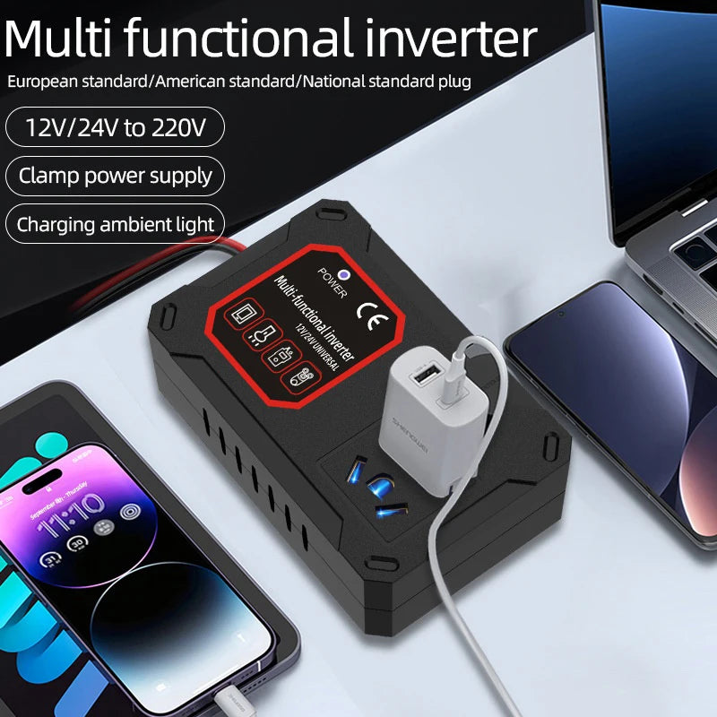 200W Portable Car Power Inverter, 12V/24V to 220V Converter Adapter with Universal Socket for Vehicle & Household Use