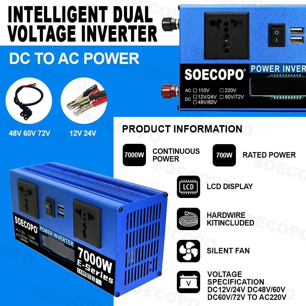6000W-10000W Car Inverter 12V 24V to 110V 60Hz Voltage Converter Power Inverter with USB Charger for Home Solar System Generator