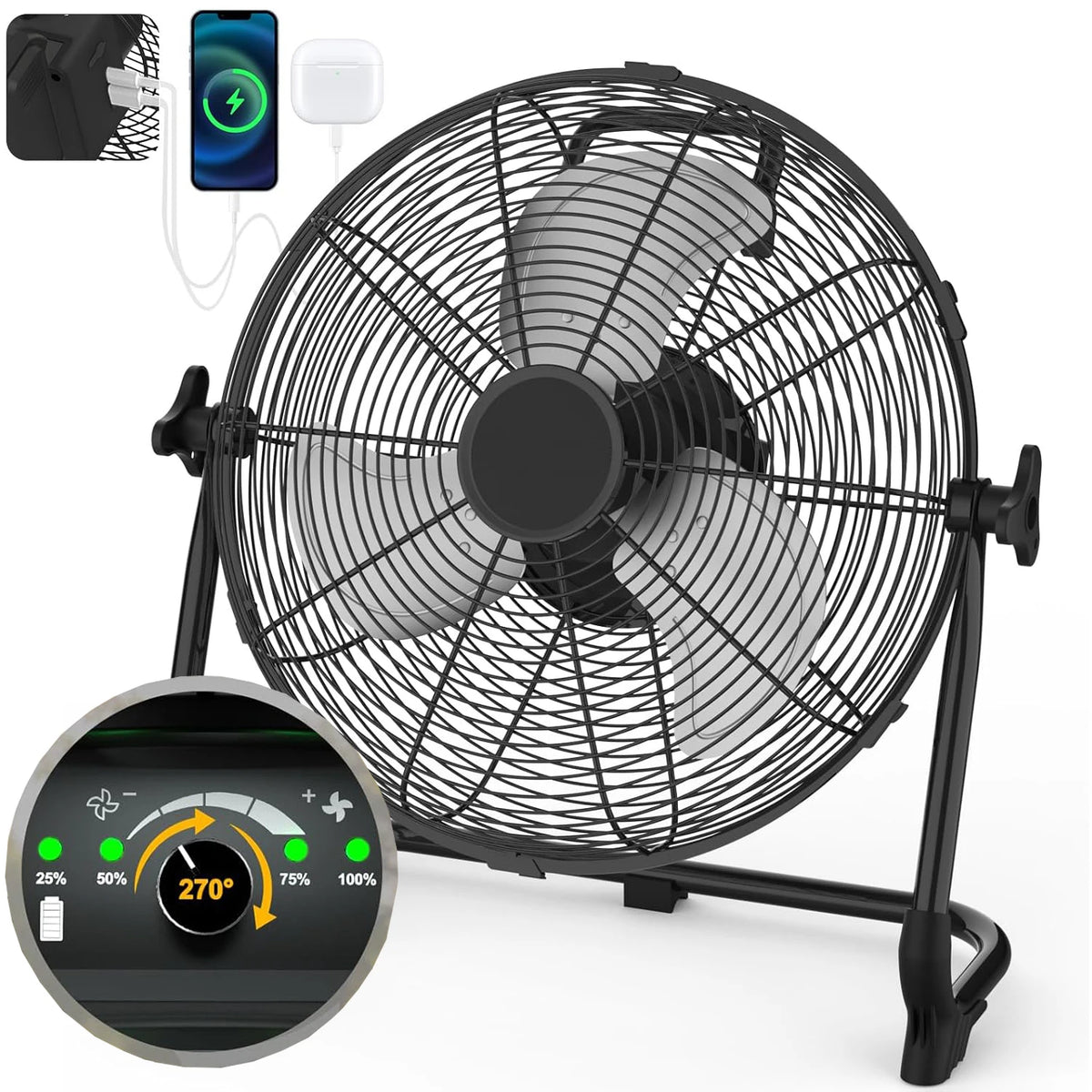 Rechargeable Floor Fan 13200 mAh Fan with Type C and USB Charging 15W Continuous Speed Control High Air Flow Wind Machine