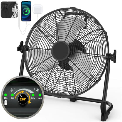 Rechargeable Floor Fan 13200 mAh Fan with Type C and USB Charging 15W Continuous Speed Control High Air Flow Wind Machine