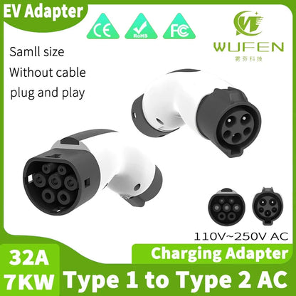 EV Charger Adapter Type 1 to Type 2 Converter 32A 7KW 250v EVSE Charging Station J1772 to Type 2 Adapter for IEC 62196-2 EV Car