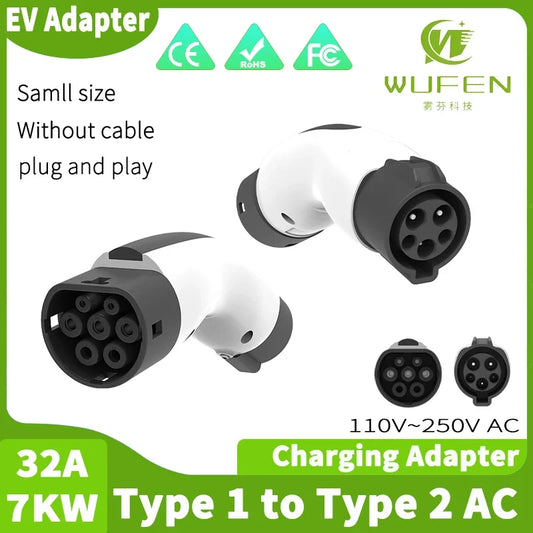 EV Charger Adapter Type 1 to Type 2 Converter 32A 7KW 250v EVSE Charging Station J1772 to Type 2 Adapter for IEC 62196-2 EV Car