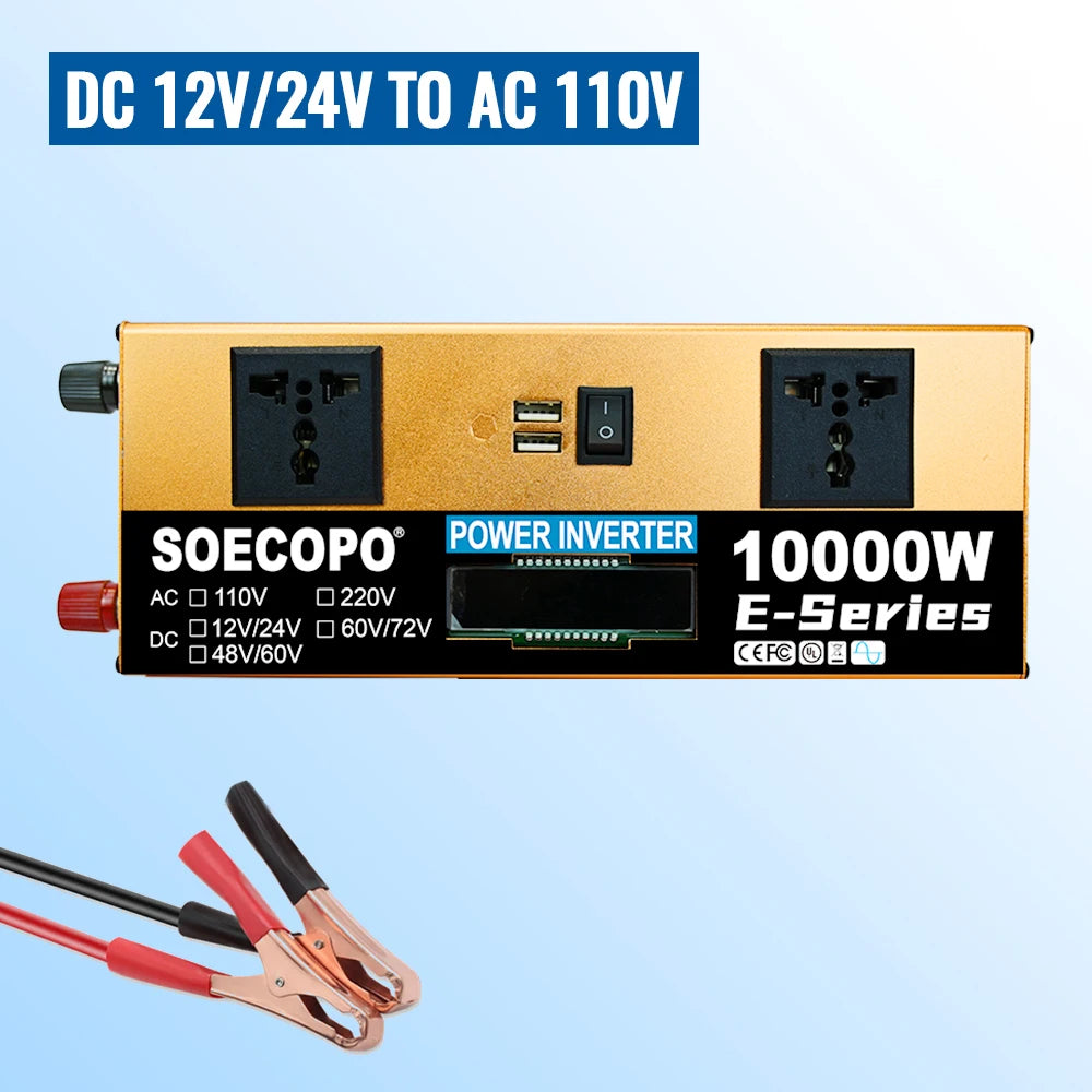 6000W-10000W Car Inverter 12V 24V to 110V 60Hz Voltage Converter Power Inverter with USB Charger for Home Solar System Generator