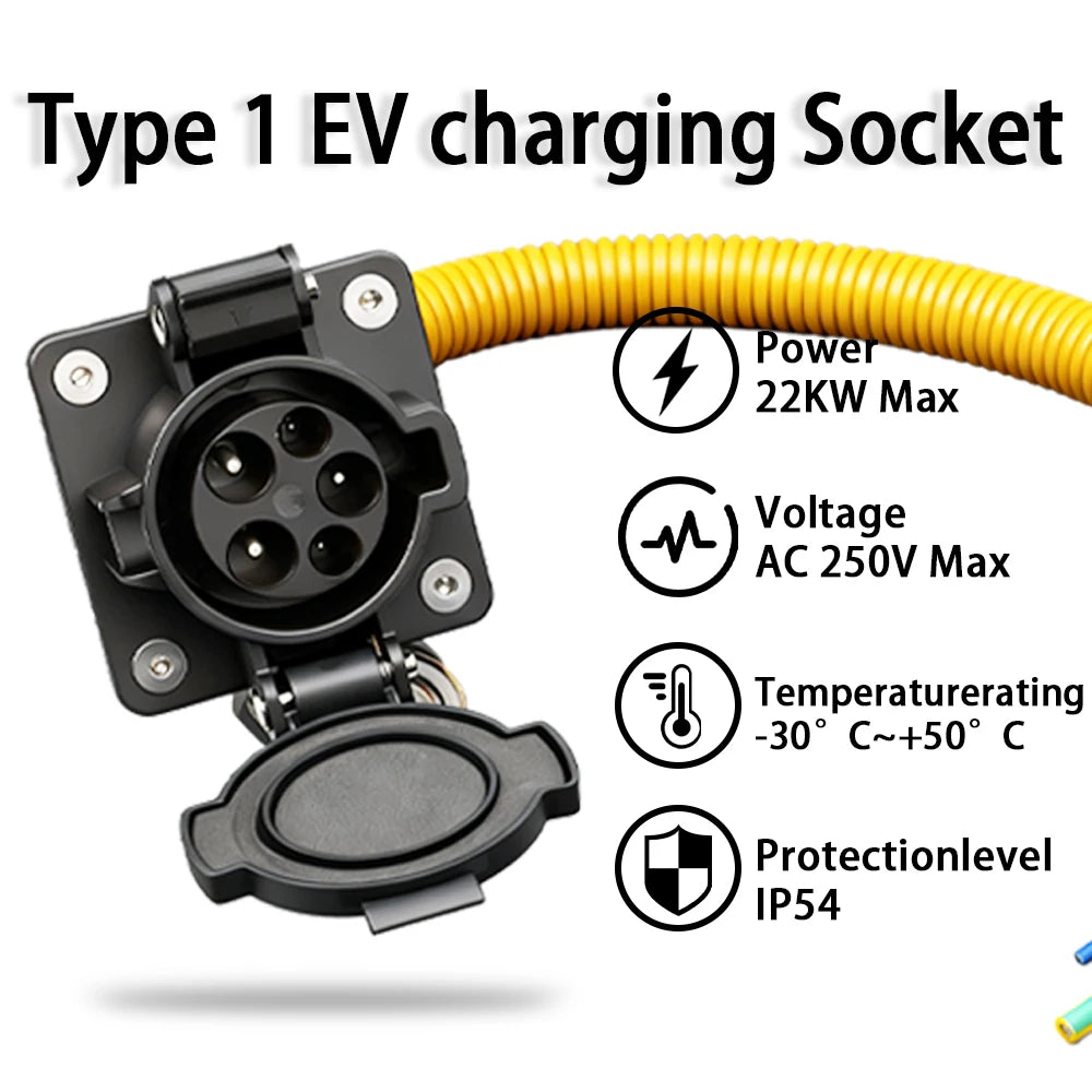 Ev Car Type1 Socket Charging Connector 16A/32A EVSE J1772 with 0.5M/1M Cable for Electric Vehicle Charger Type 1 Male Socket