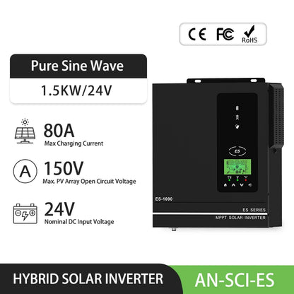 Anern 3000W 1600W 1500W 1000W Hybrid Inverter 24V 12V Buil in 80A MPPT Off Grid Solar Inverters MAX PV 400Vdc 150Vdc