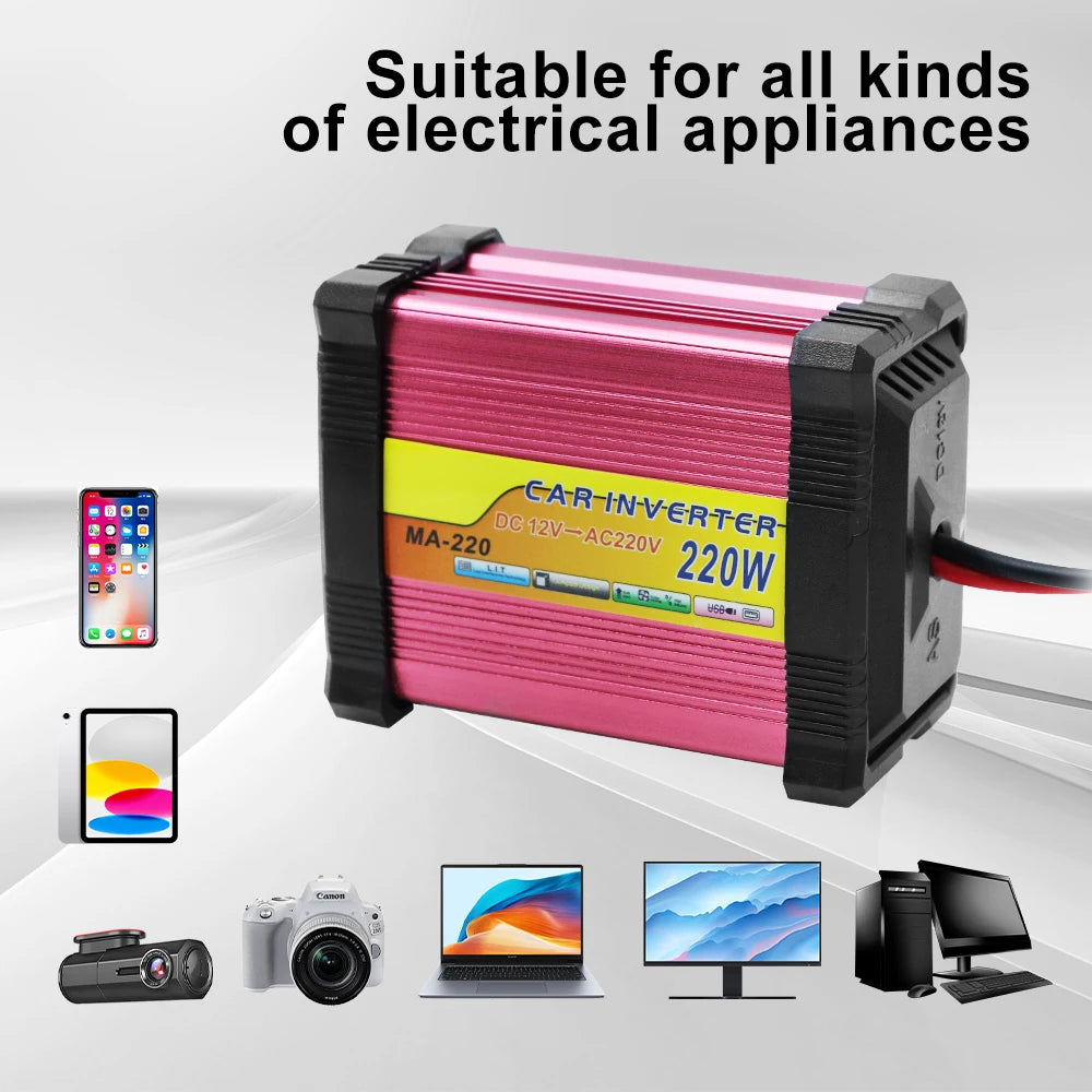 220W Automobile Inverter 12V To 220V Converter Car Inverters 1+1 USB Charger Port 220V AC Powe Socket Storage Batteries Inverter