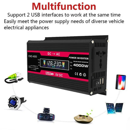 Solar Power Inverters 4000W Modified Sine Wave USB Car Inverter DC 12V 220V 110V LCD Display Transformer Voltage Converter