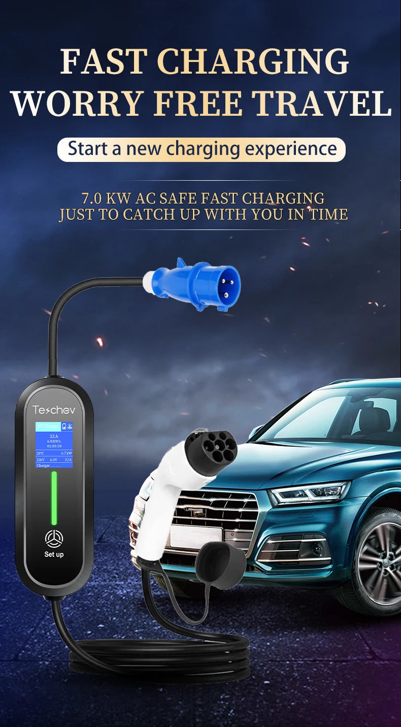 Teschev Type 1 Portable EV Charger 7KW 32A 1Phase Wallbox GBT EVSE Fast Charging Cable CEE Plug Electrical Home Charging Station