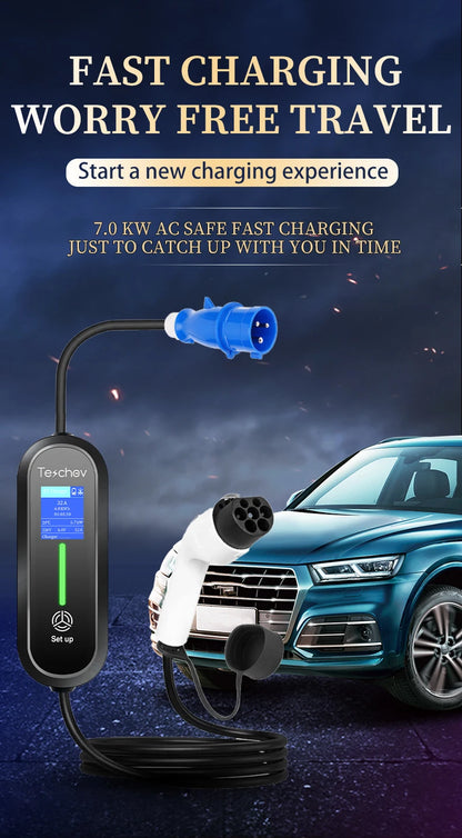 Teschev Type 1 Portable EV Charger 7KW 32A 1Phase Wallbox GBT EVSE Fast Charging Cable CEE Plug Electrical Home Charging Station