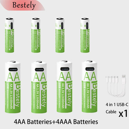 New 1.5V AA 13600mAh+AAA 6800mAh Rechargeable Lithium Batteries Fast Charging Li-ion Battery 2000 Cycles with Free USB- C Cables
