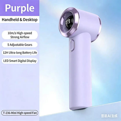 T-236 USB Rechargeable Mini Fan, 199 Speeds, LED Display, 12H Battery, Portable Handheld & Desktop Fan for Travel, Camping