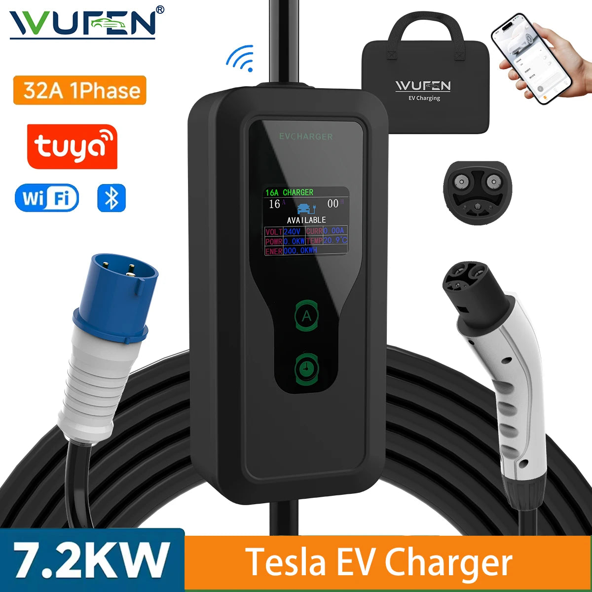 WUFEN GBT/Type1/Type2/NACS Portable EV Charger 250V 7KW 32A 1P Wall mounted EVSE Fast Charging Cable CEE Plug Tuya APP Control