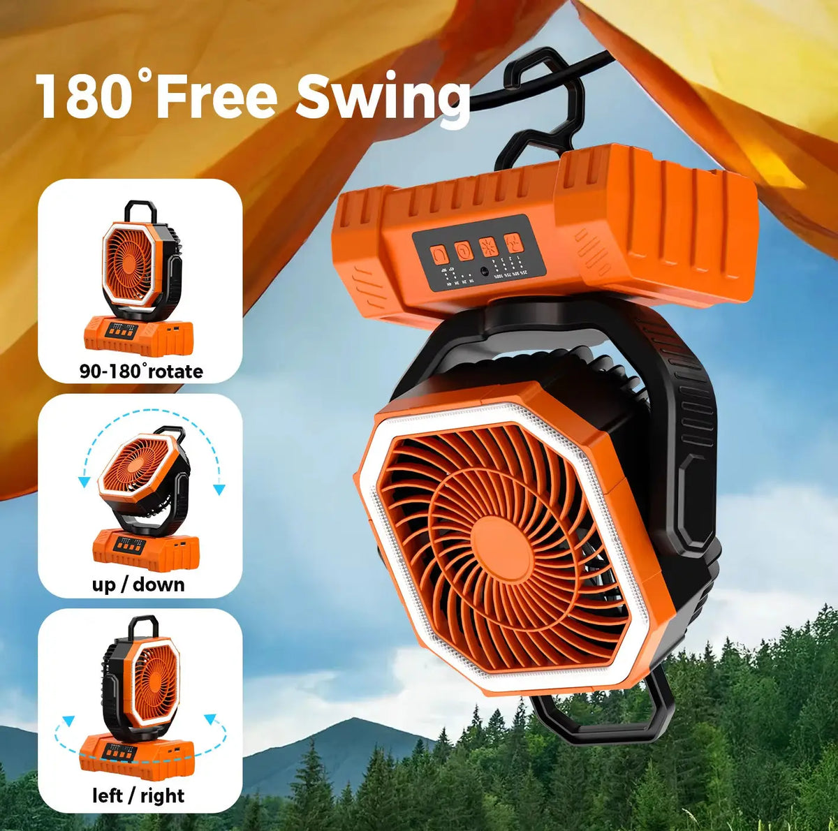 Rechargeable Camping Fan with 20000mAh Battery 4 Speeds LED Light And Hook - Outdoor Fan for Party Power Outage And Fishing