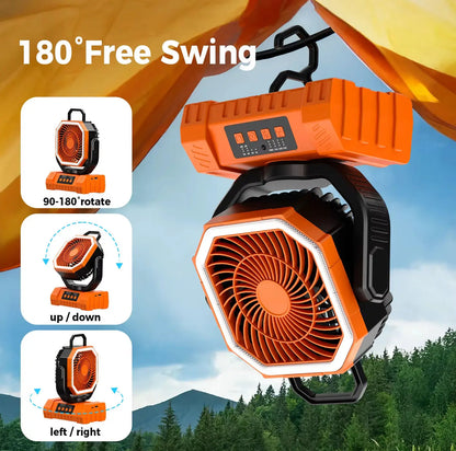 Rechargeable Camping Fan with 20000mAh Battery 4 Speeds LED Light And Hook - Outdoor Fan for Party Power Outage And Fishing