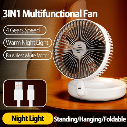 2026New Rechargeable 3IN1 Multifunctional Portable Fan Wall Mounted Fan 90° Folding Fan 4 Gears With Warm Night Light
