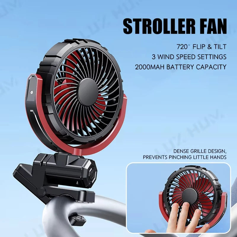 Rechargeable Car Clip Fan 2000mAh USB Cooling Fan 360° Rotation Portable Fan with 3 Speeds Strong Wind for Office Travel Camping