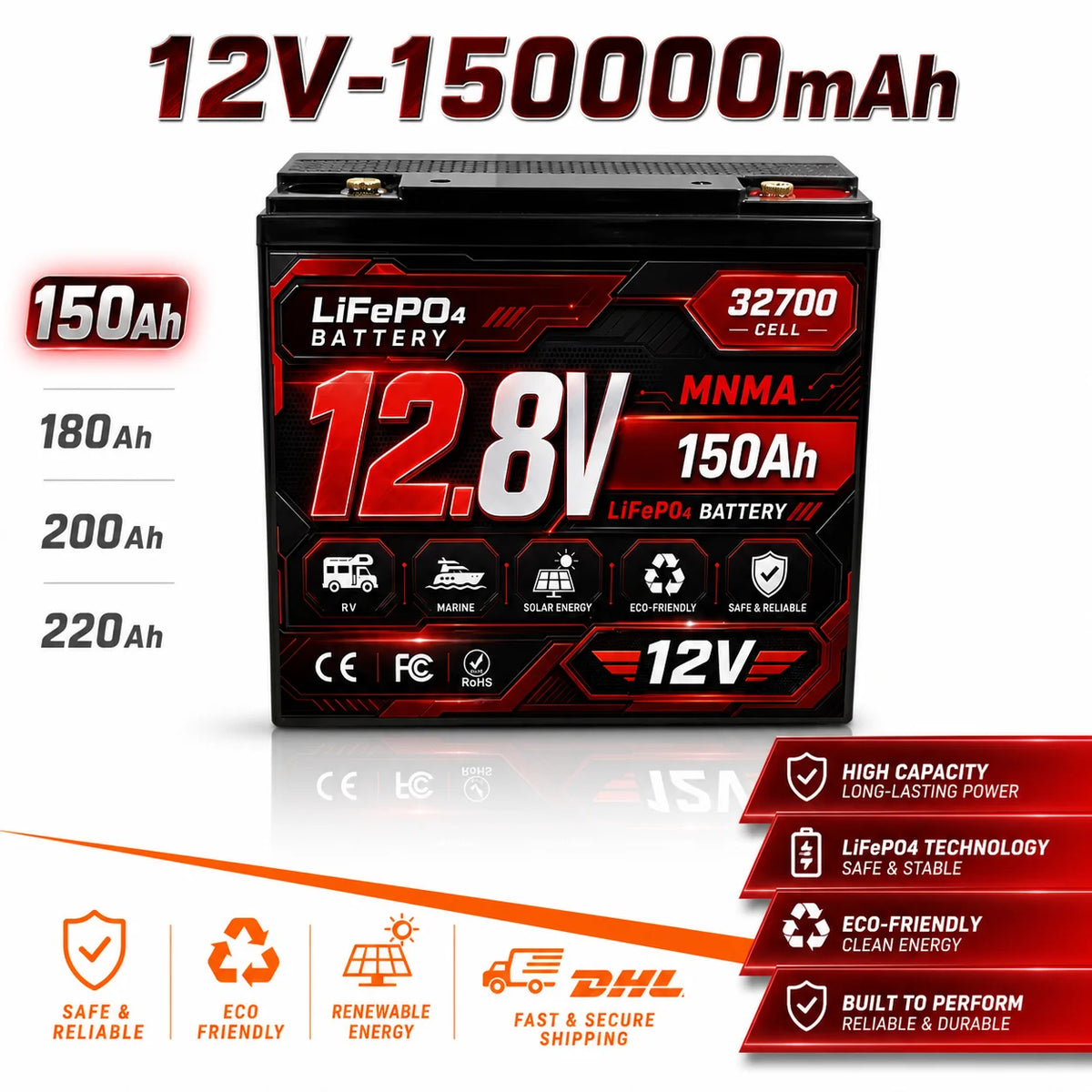 12V 180Ah 200Ah lithium iron phosphate energy storage power supply UPS RV outdoor camping built-in 100A BMS cold cycle 8000+
