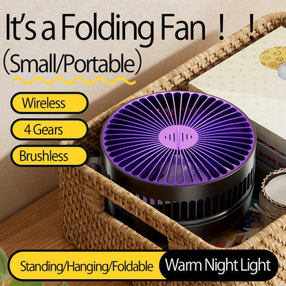 2026New Rechargeable 3IN1 Multifunctional Portable Fan Wall Mounted Fan 90° Folding Fan 4 Gears With Warm Night Light