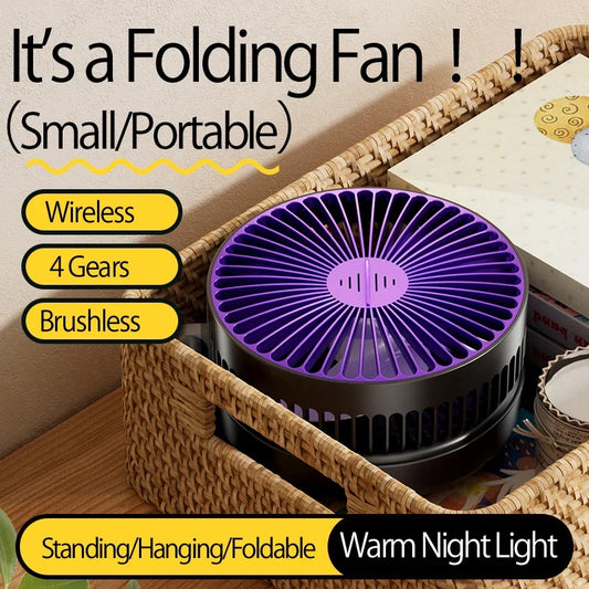 2026New Rechargeable 3IN1 Multifunctional Portable Fan Wall Mounted Fan 90° Folding Fan 4 Gears With Warm Night Light