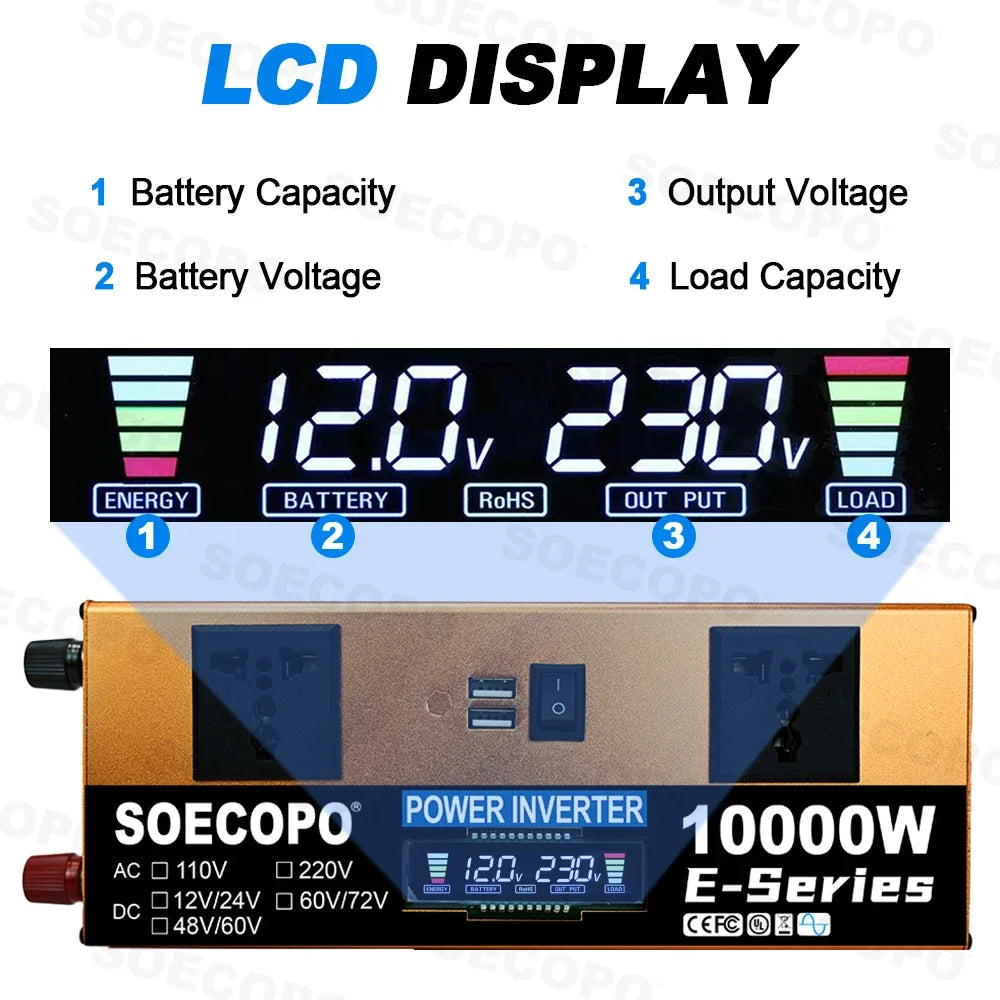 10000W Power Inverter 12V24V/48V/60V/60V72V 220V Run Refrigerator/Washing Machine with 2 AC Outlets for Solar System, Workshops
