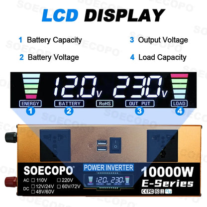 10000W Power Inverter 12V24V/48V/60V/60V72V 220V Run Refrigerator/Washing Machine with 2 AC Outlets for Solar System, Workshops