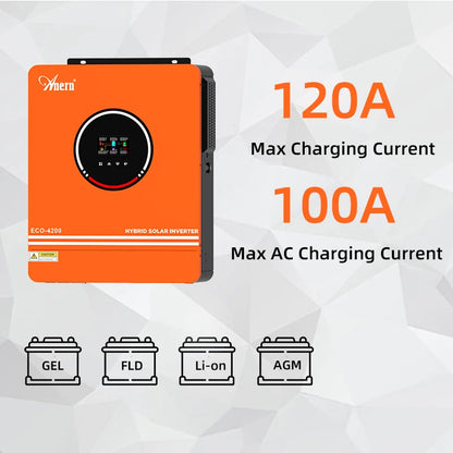 Anern Solar Hybrid Inverters 6.2KW 4.2KW 24V 48V With MPPT 140A Charger Controller Dual AC Output Pure Sine Wave for Home System