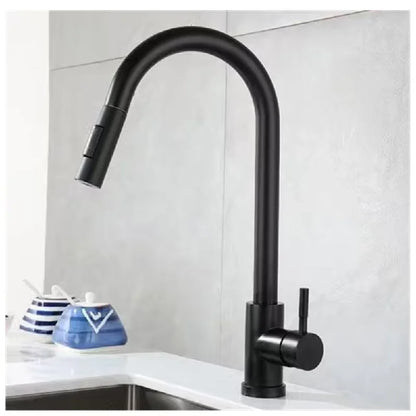 Silver/black stainless steel pull-out hot and cold water sink/washbasin faucet, suitable for kitchens, with splash-proof design.
