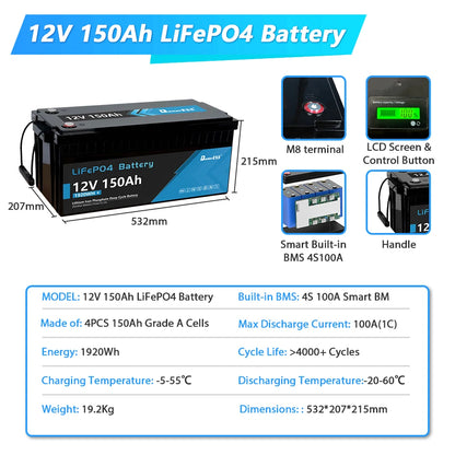New 12V 24V 100Ah 200Ah 300Ah 400Ah LiFePo4 Battery Pack Lithium Iron Phosphate Batteries for Solar Energy Storage System RVHome
