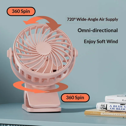 Powerful Rechargeable Clip Fan Portable, 720° Rotatable Fan with Night Light, Air Cooler USB Desk, Long Battery Life Ventilador