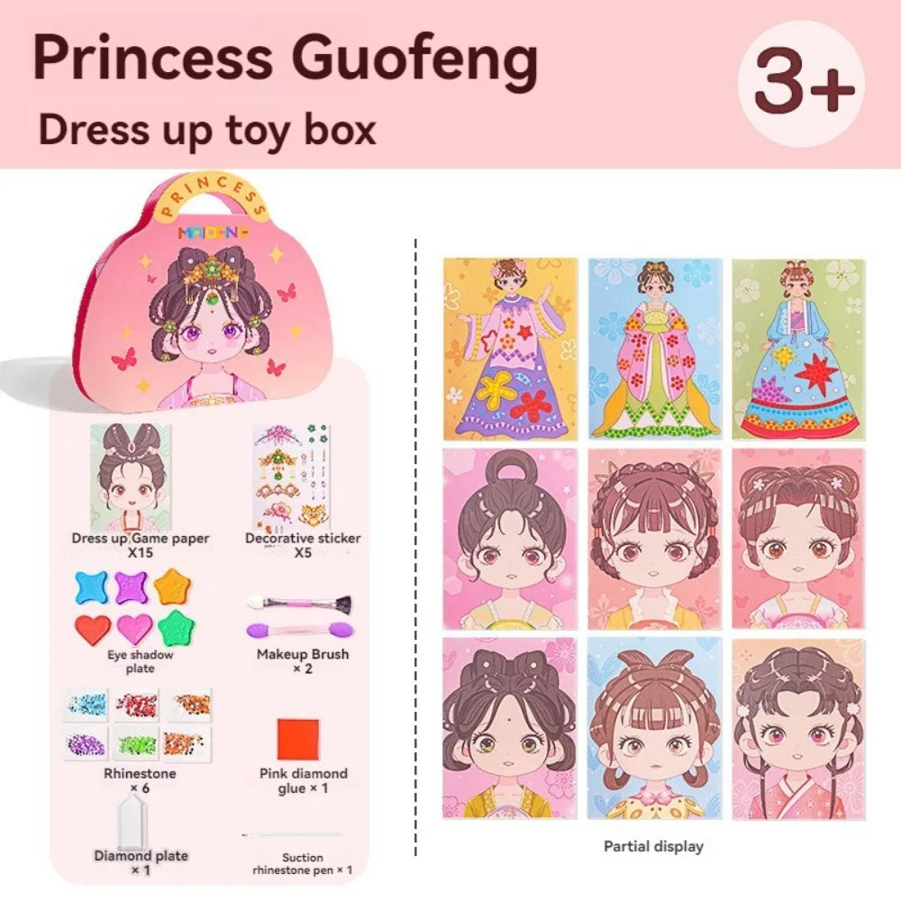 New 3 in 1 DIY Princess Makeup Set Diamond Sticker Princess Dress Up Book Gifts Paper Art Craft Kits Children