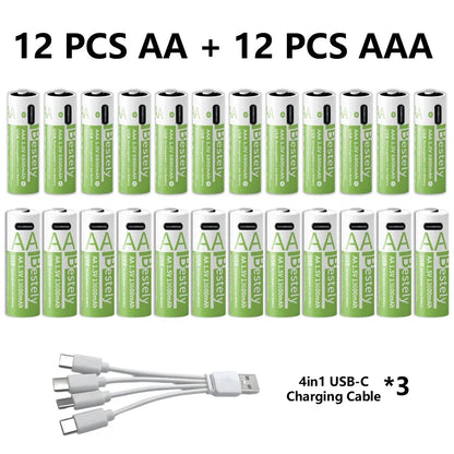 1.5V AA/AAA Li-ion Batteries 13600+6800mAh Ultra-Fast Charge 2000+ Cycles w/ free USB-C Cable for Toys, Remote Controls, Cameras