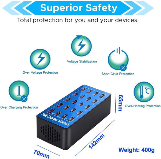 USB Charger Station 20-Port 100W Multiple Charging Station Multi Ports USB Charger Charging for Smartphones,Tablets, USB Devices