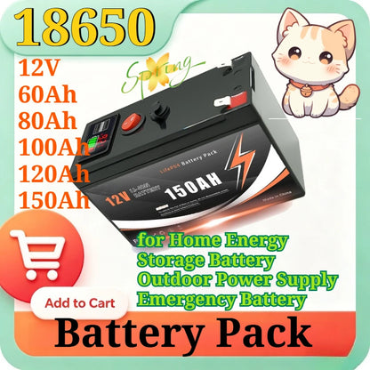12V 60/80/100/120/150Ah Lithium-ion Battery Pack with LED Display & Dual USB Ports Built-in BMS for Home Energy Storage Battery