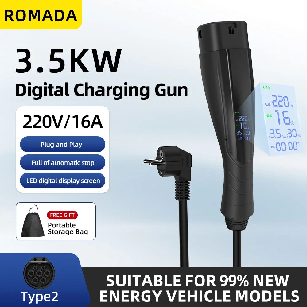 Portable EV Charger Type 2 with EU plug 16A 3.5KW Electric Vehicle Charging Station Wallbox 5M-20M Cable With Digital Display