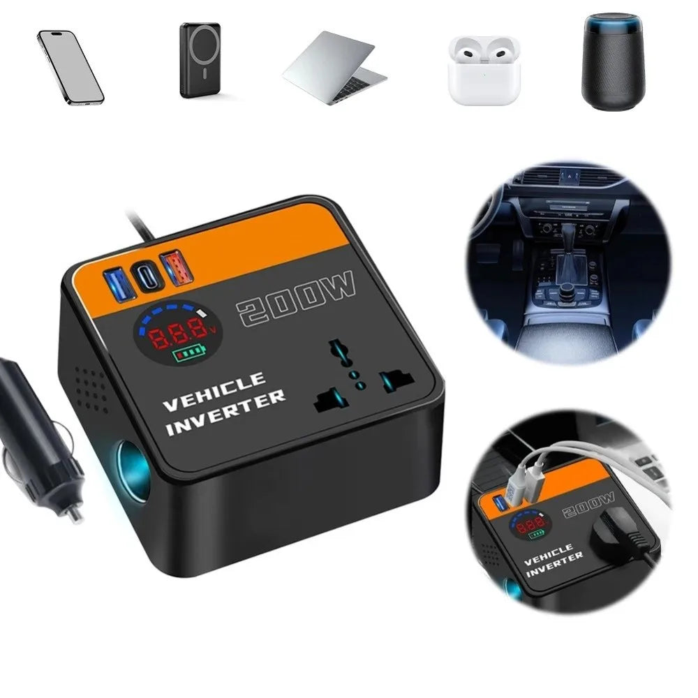 200W Car Inverter 12v 24v To 110v 220v with USB & Type-C Port Power Adapter Fast Charging Automotive Charger Inverter
