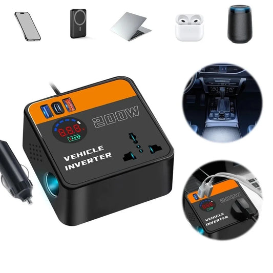 200W Car Inverter 12v 24v To 110v 220v with USB & Type-C Port Power Adapter Fast Charging Automotive Charger Inverter
