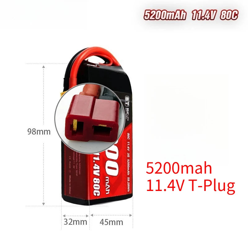 3S LiPo Battery 5200mAh 11.4V 80C Shorty Pack Battery for RC Car Vehicles Boat Drone RC Helicopter FPV Racing Hobby Models