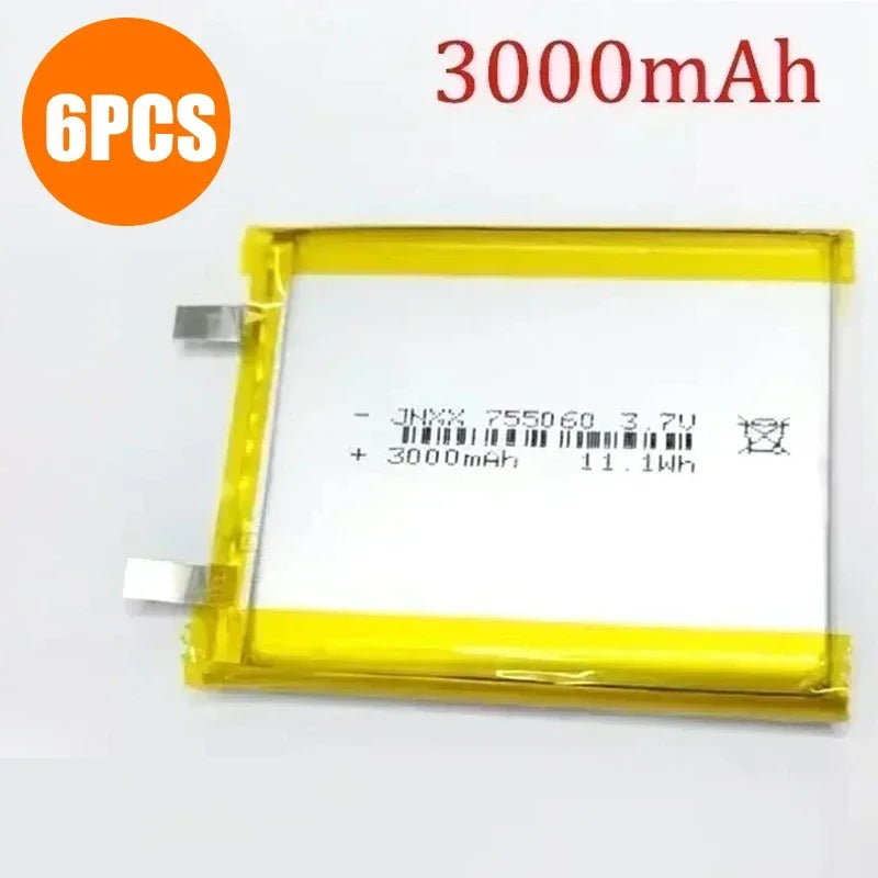 755060 Battery 3.7V 3000mAh Lithium Polymer Rechargeable Batteries for Mobile Power Supply Small Speaker Solar Light Walkie New
