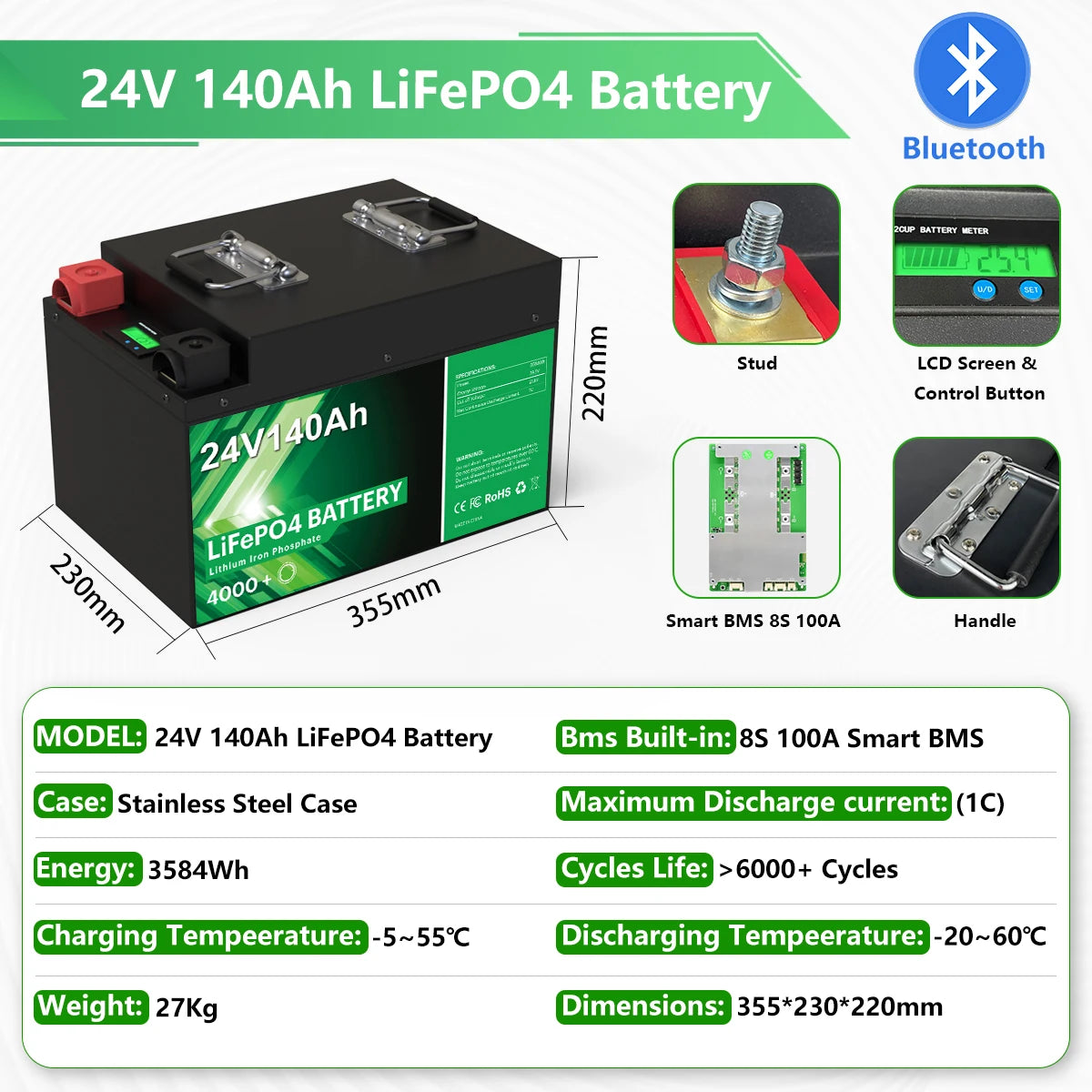 24V 200Ah LiFePO4 Battery 5.12kWh Bluetooth 8S 200A BMS 6000 Cycles 100Ah 300Ah 12V Lithium Battery for Marine RV Solar Off-Grid