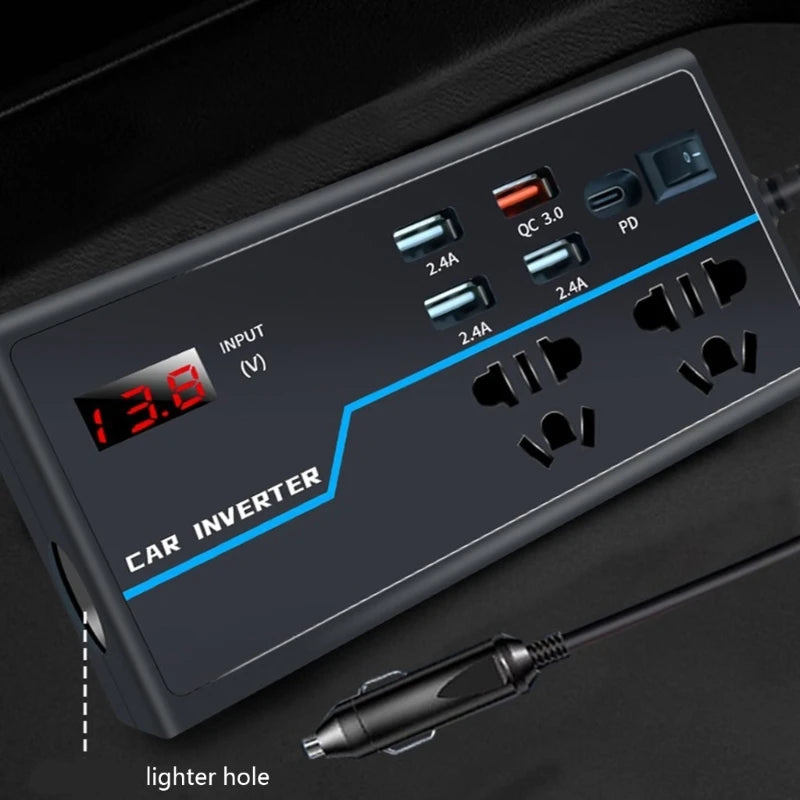 Portable Car Inverter Converts 12V/24V  to 110V/220V  with Voltages Display Compact Vehicle Inverter Simple Operate D7YA