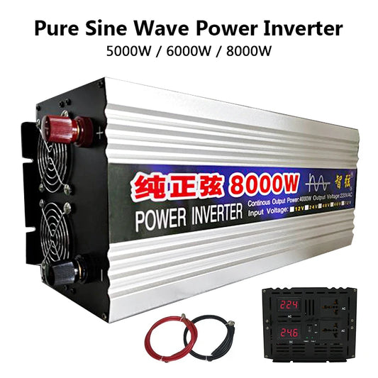 5000W 6000W 8000W Pure Sine Wave Inverter DC 12V 24V To AC 220V 50Hz 60Hz Voltage Converter Big Power Dual Output Solar Inverter