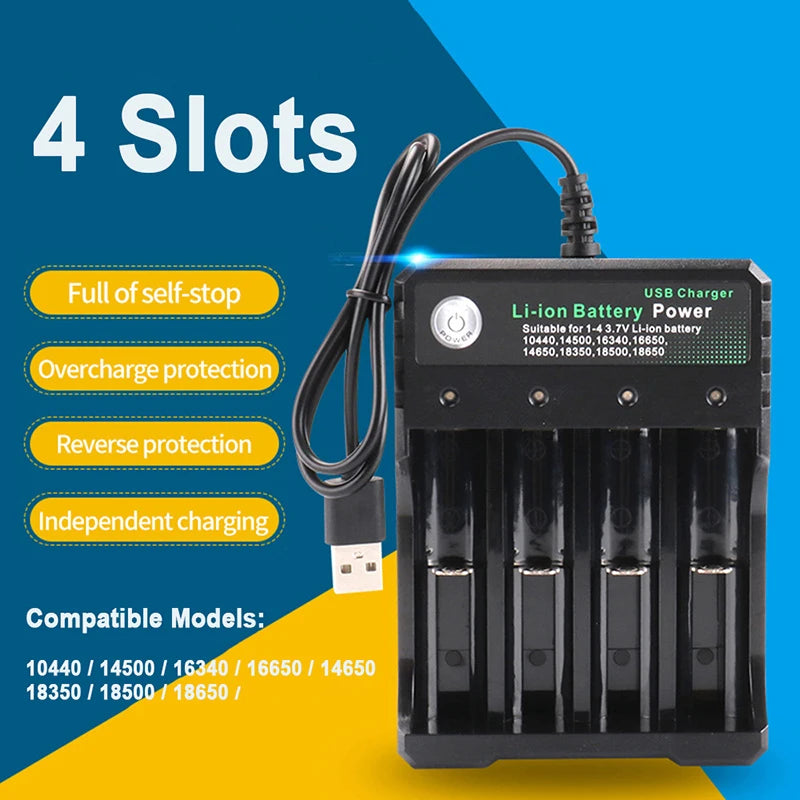 2 3 4 Slots 18650 Battery Charger 3.7V Portable Rechargeable Charger Lithium For 26650 18700 17670 16340 14500 10440 Batteries