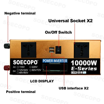 10000W Power Inverter 12V24V/48V/60V/60V72V 220V Run Refrigerator/Washing Machine with 2 AC Outlets for Solar System, Workshops