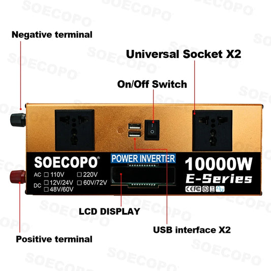 10000W Power Inverter 12V24V/48V/60V/60V72V 220V Run Refrigerator/Washing Machine with 2 AC Outlets for Solar System, Workshops