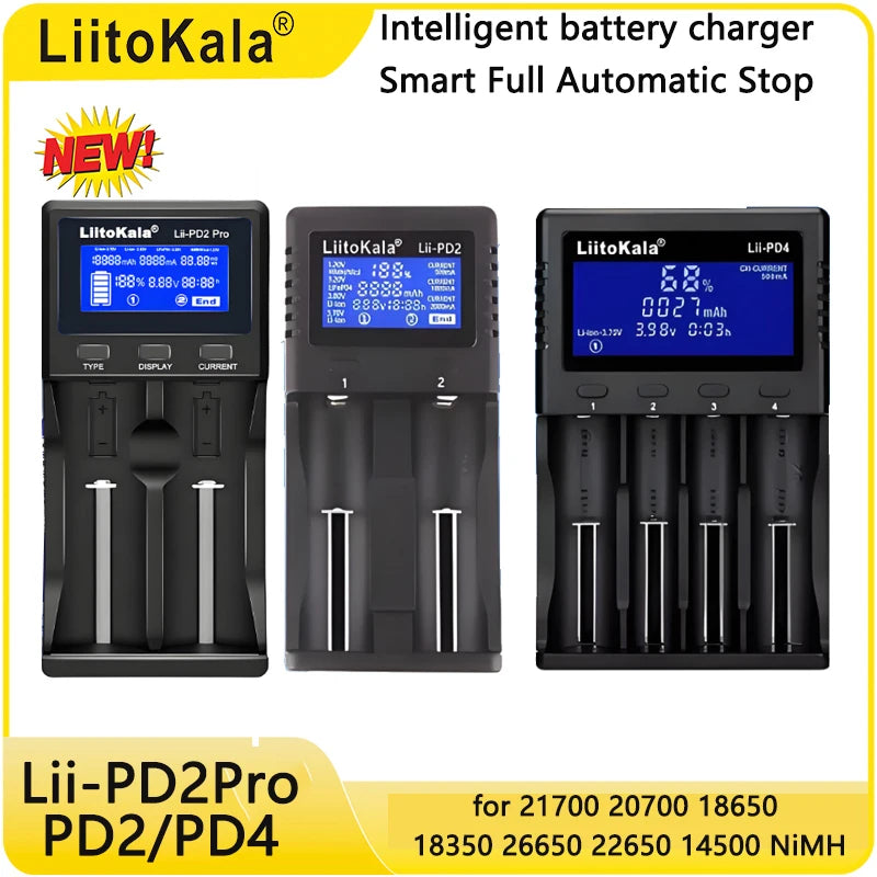 LiitoKala Batterie Lithium 3.7V Batter Charger Lii-PD2 Lii-PD4 LCD For 21700 20700 18650 18350 26650 22650 14500