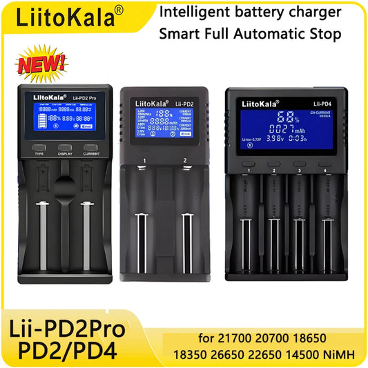 LiitoKala Batterie Lithium 3.7V Batter Charger Lii-PD2 Lii-PD4 LCD For 21700 20700 18650 18350 26650 22650 14500