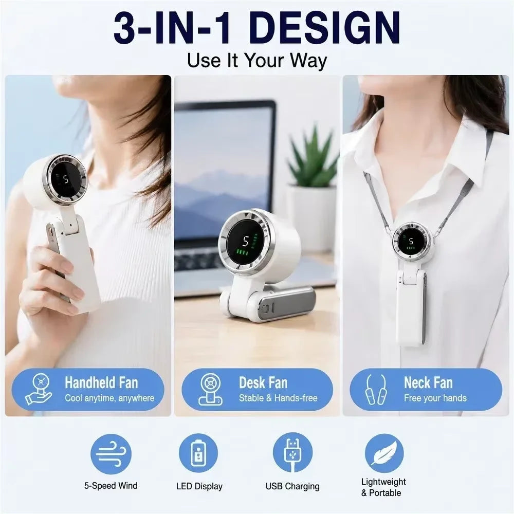 Portable Foldable Handheld Fan USB Rechargeable Mini Fan with LED Display 199-Speed Settings 3000mAh Battery Handheld Fan