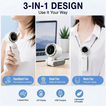 Portable Foldable Handheld Fan USB Rechargeable Mini Fan with LED Display 199-Speed Settings 3000mAh Battery Handheld Fan