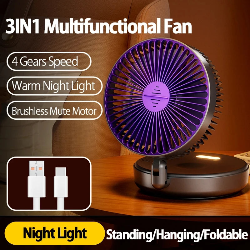 2026New Rechargeable 3IN1 Multifunctional Portable Fan Wall Mounted Fan 90° Folding Fan 4 Gears With Warm Night Light