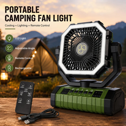 Camping Fan 10000mAh Battery Powered Fan Rechargeable with LED Light Portable Outdoor Tent Fan with Hanging Hook